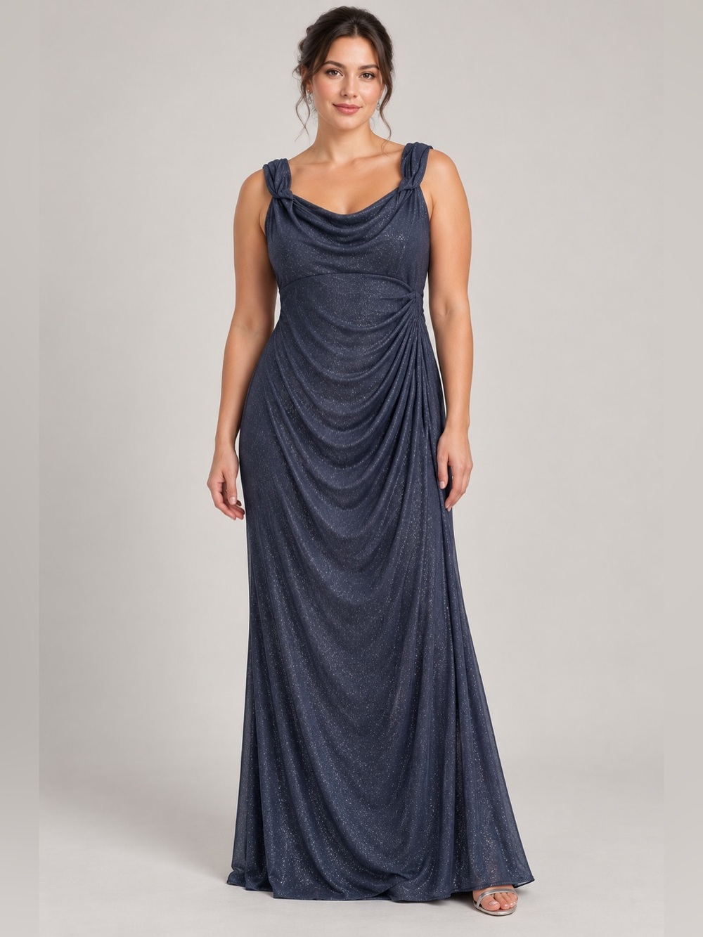 Alex Evenings Size 4 Slate Blue Glitter Cowl Neck Ruched Formal Maxi Gown.